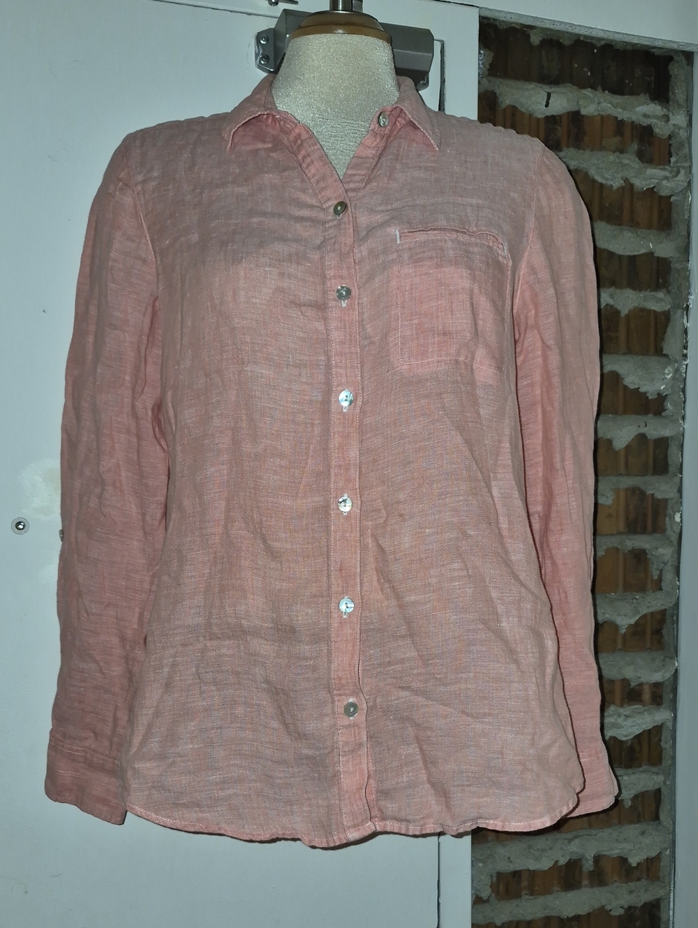 Foxcroft Linen Button Up Shirt Pocket Peach Pink Size 8
